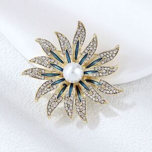 Sunflower Faux Pearl Brooch with Rhinestones Blue Textured Beautiful Statement